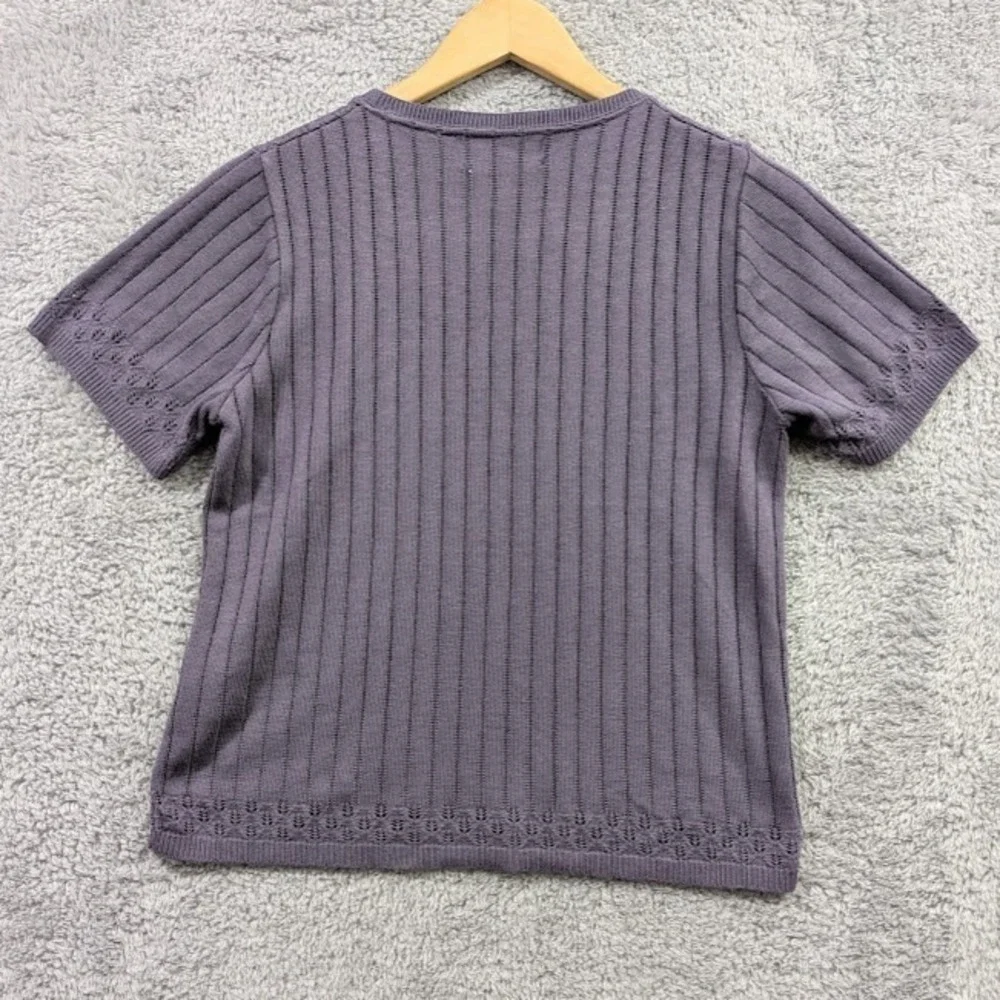Alfred Dunner Knit Top Women's PS Purple Pointelle Square Neck Sweater Vtg Style